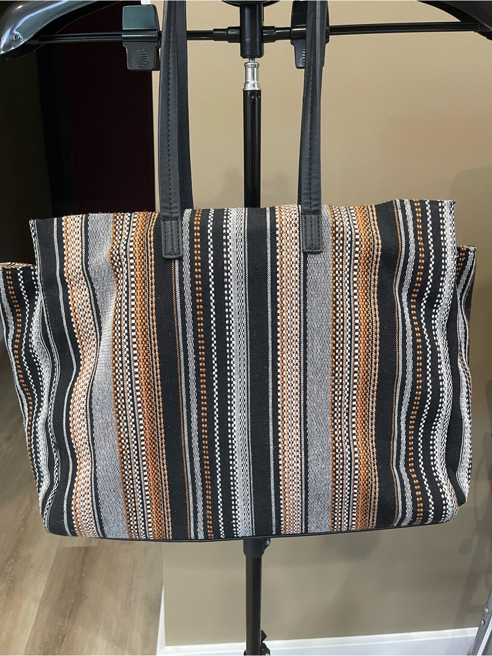 Striped Canvas Tote Bag in Black, Gray & Tan